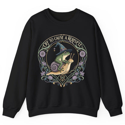 Off to Cause a Kerfuffle frog riding a snail Sweatshirt Black product mockup