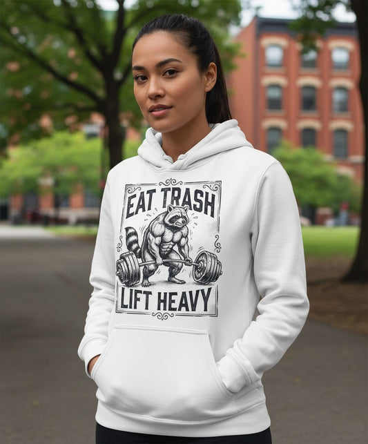 Eat Trash Lift Heavy raccoon Hoodie White lifestyle mockup