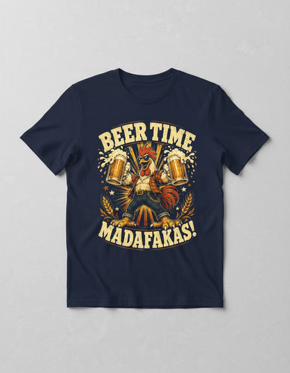 Beer Time Madafakas Funny Rooster T-Shirt - product mockup - Navy