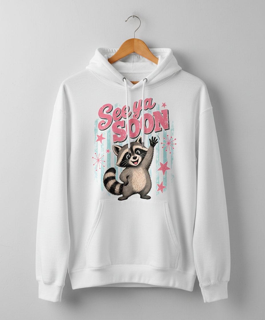 See Ya SOON Retro Raccoon Hoodie - product mockup - White