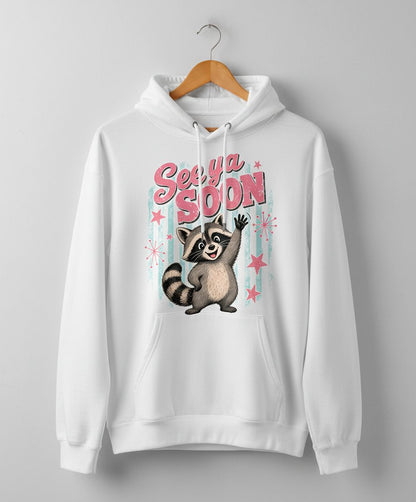 See Ya SOON Retro Raccoon Hoodie - product mockup - White