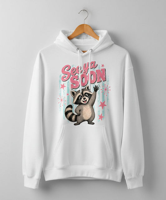 See Ya SOON Retro Raccoon Hoodie - product mockup - White