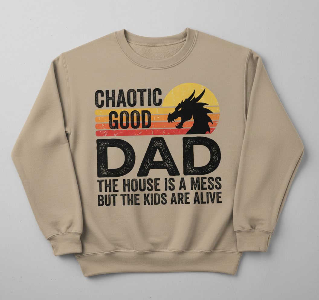 CHAOTIC GOOD DAD THE HOUSE IS A MESS BUT THE KIDS ARE ALIVE Funny Chaotic Good Dad Dragon Sweatshirt - product mockup - Sand