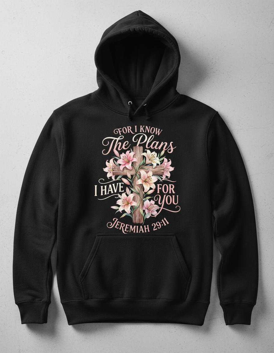 Jeremiah 29:11 For I Know The Plans I Have For You Cross and Lilies Hoodie - Black