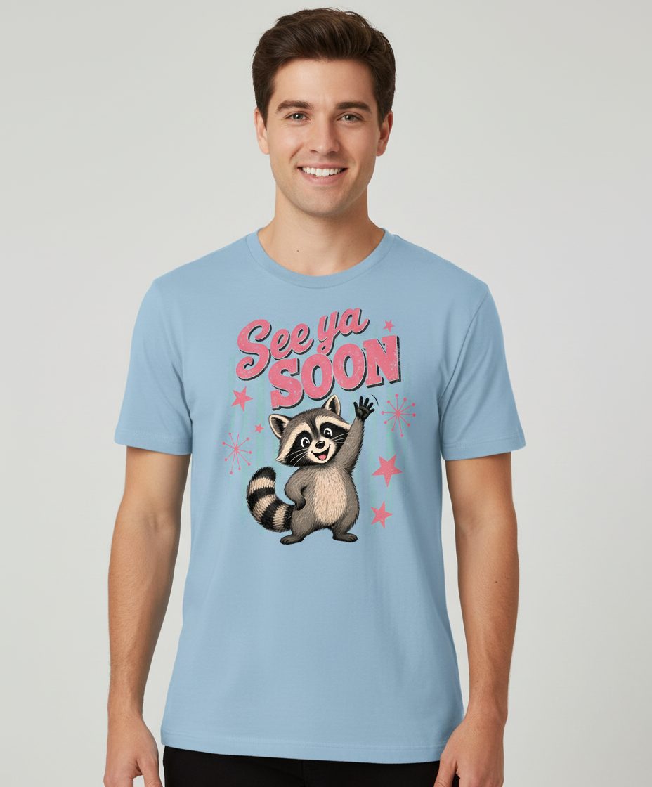 See Ya SOON Retro Raccoon T-Shirt - product mockup - Light Blue