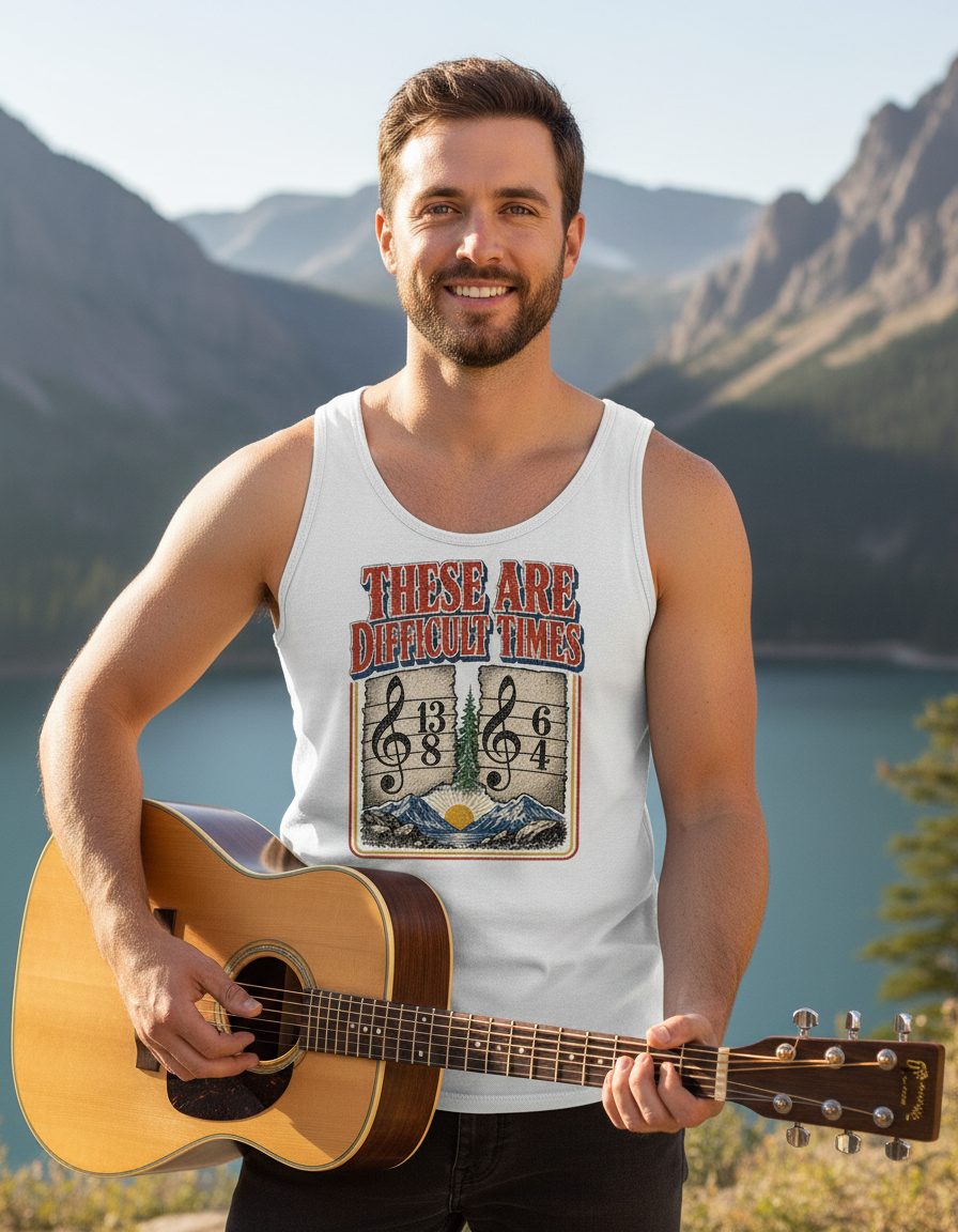 THESE ARE Difficult TIMES Funny Music Pun Tank Top - lifestyle model mockup - White