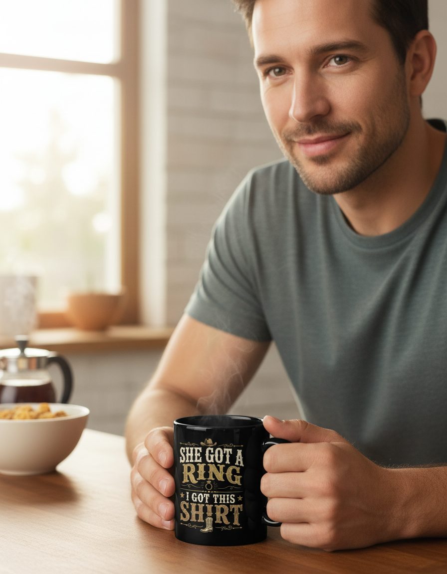 SHE GOT a RING I GOT THIS SHIRT Funny Bachelor Party Black Mug - lifestyle model mockup - Black
