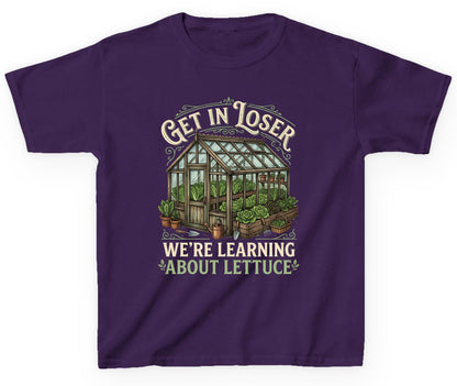 GET IN LOSER WE'RE Learning ABOUT Lettuce Youth T-Shirt - product mockup - Purple