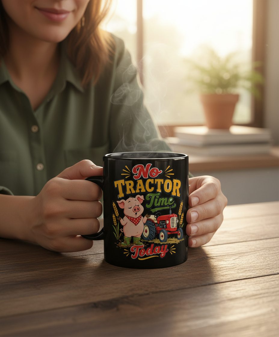 No Tractor Time Today Funny Farming Black Mug - lifestyle model mockup - Black