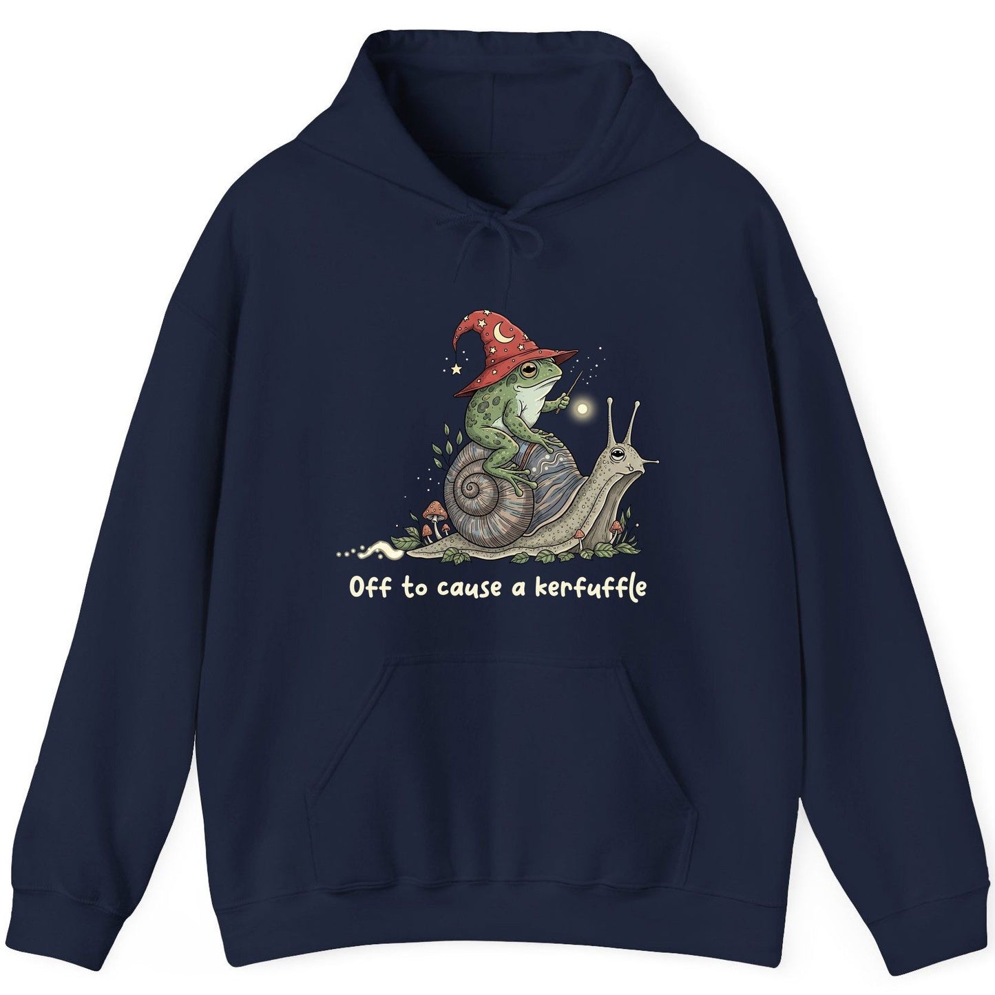 Off to Cause a Kerfuffle wizard frog Hoodie Navy product mockup