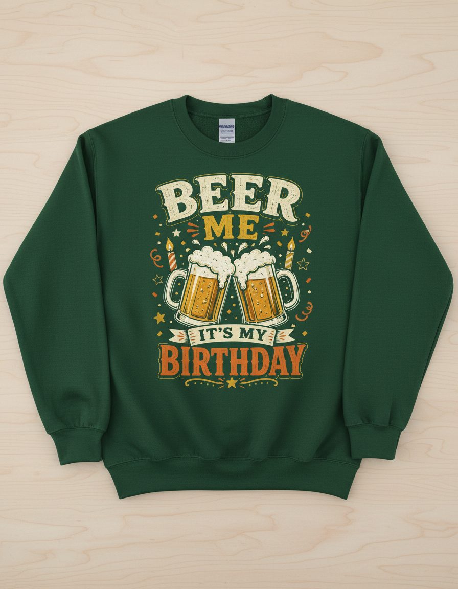 Beer Me It's My Birthday Funny Sweatshirt - product mockup - Forest Green