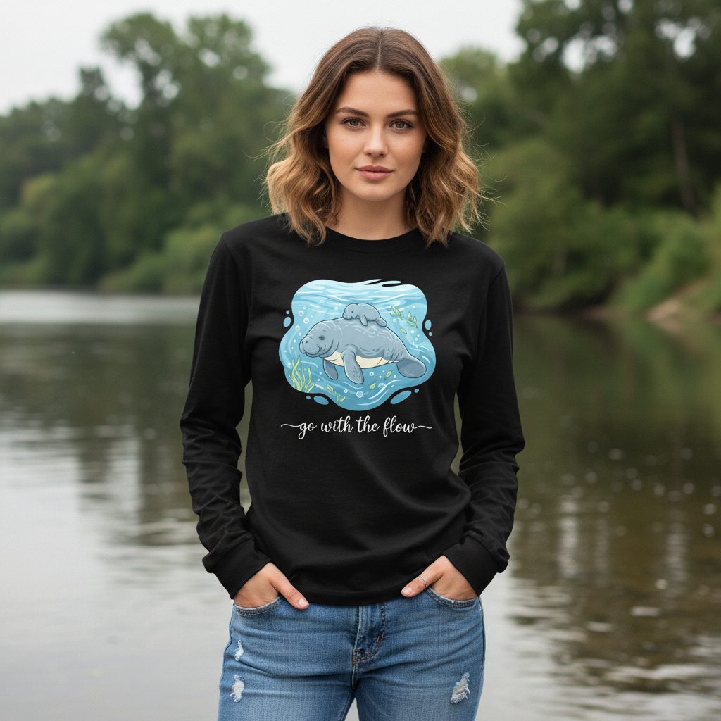 Go with the Flow Manatee Long Sleeve Tee - lifestyle model mockup - Black
