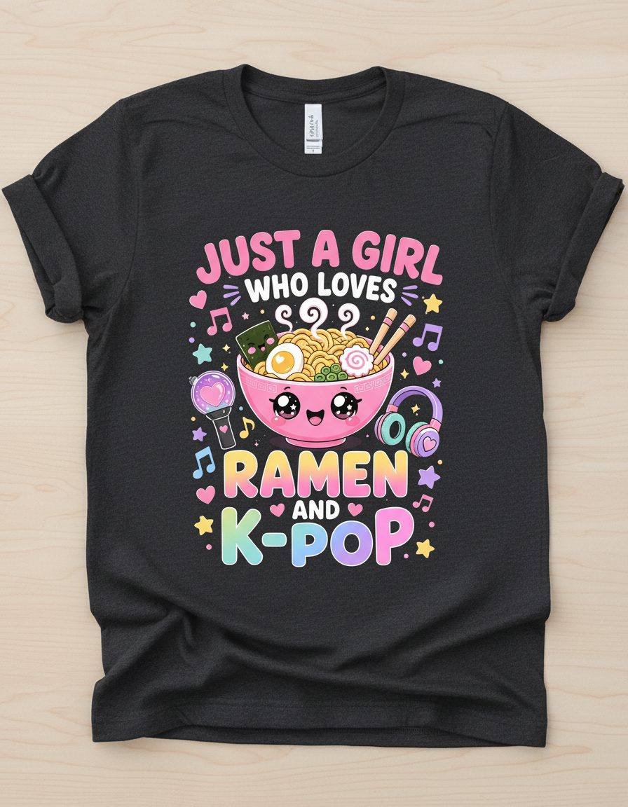 Just a Girl Who Loves Ramen and K-Pop K-Pop Fans T-Shirt - product mockup - Dark Heather