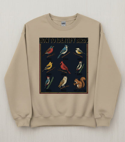 How to Identify Birds Funny Birdwatching Sweatshirt - product mockup - Sand