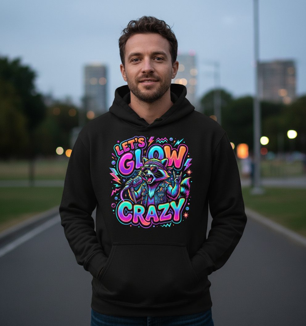 Let's Glow Crazy Funny Rockstar Raccoon Hoodie - lifestyle model mockup - Black