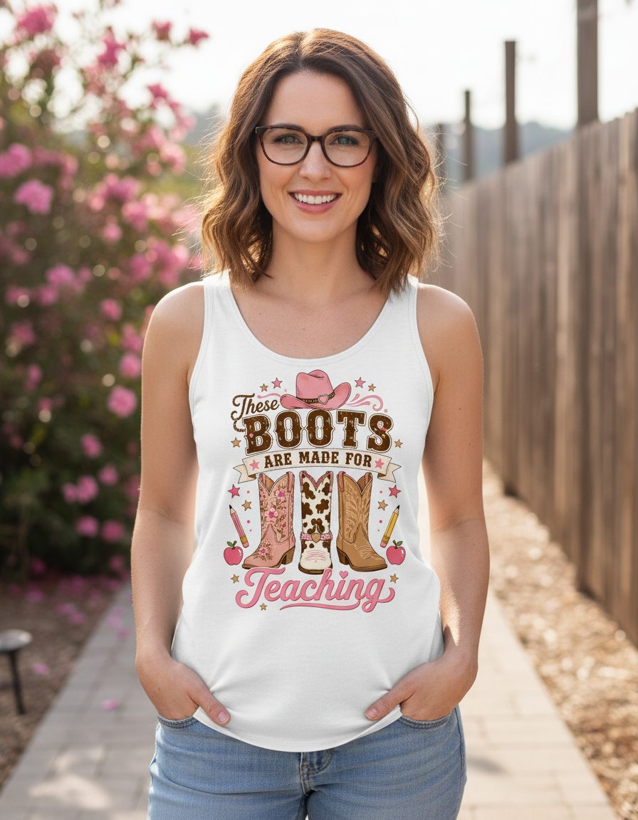 These Boots Are Made for Teaching Teacher Tank Top - lifestyle model mockup - White