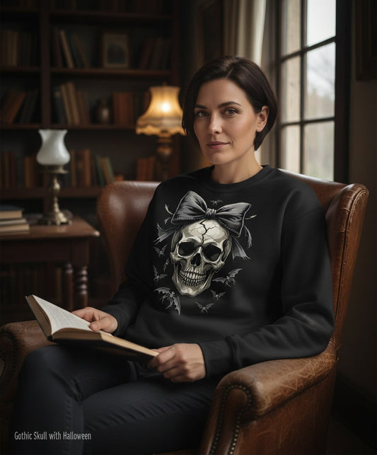 Gothic Skull with Bow gothic skull Sweatshirt Black lifestyle mockup