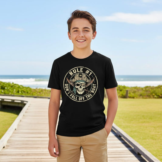Rule 1 Don't Fall Off the Boat pirate Youth T-Shirt Black lifestyle mockup