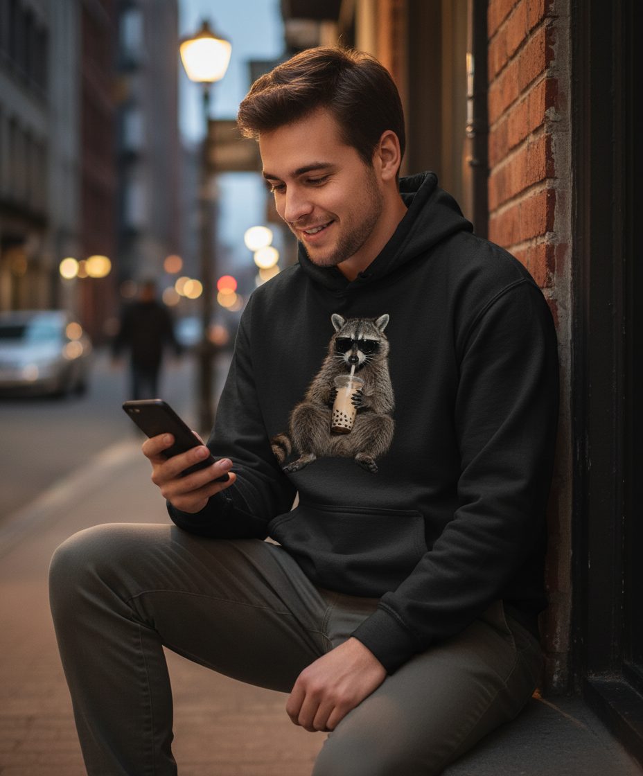 Cool Raccoon Bubble Tea Funny Lovers Hoodie - lifestyle model mockup - Black