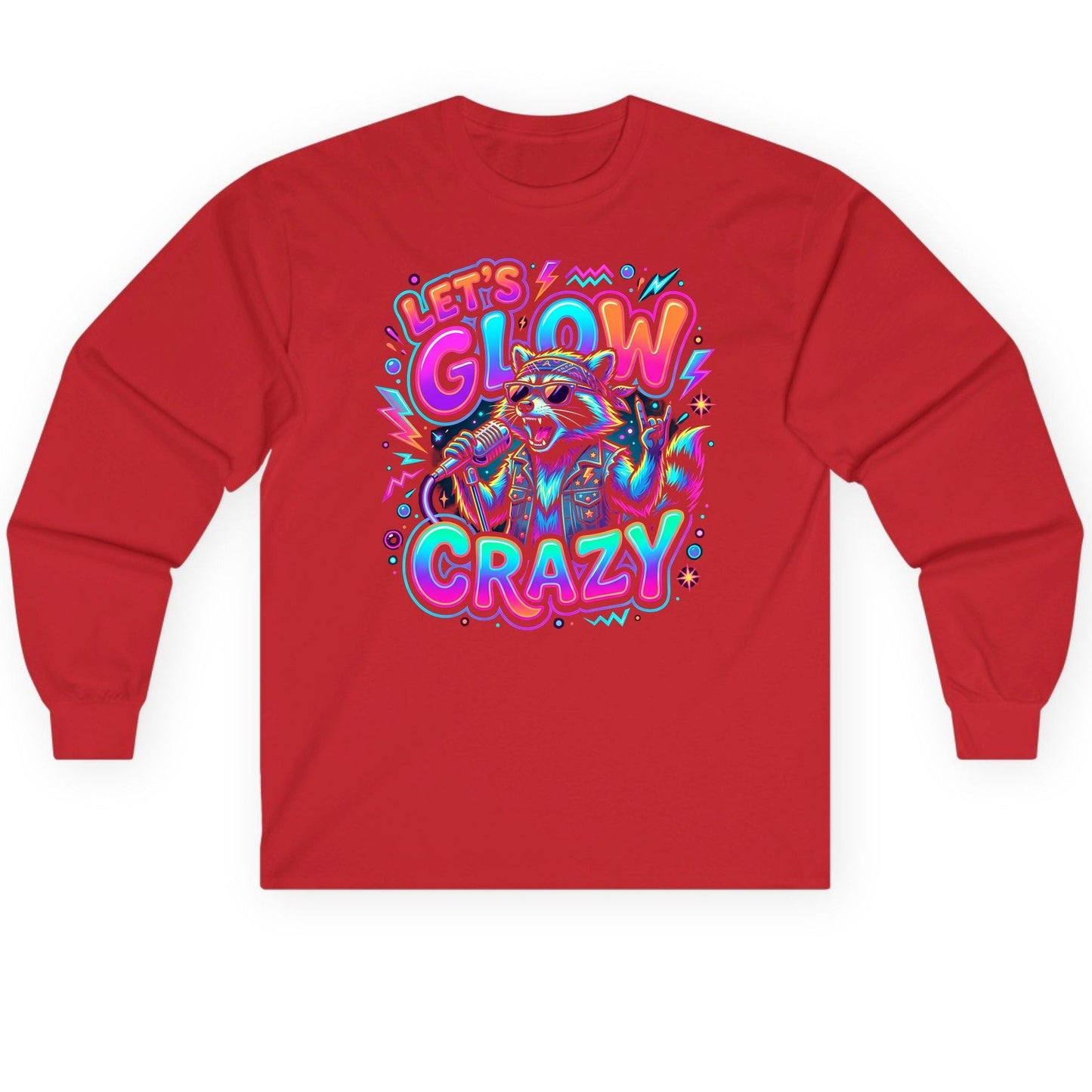 Let's Glow Crazy Funny Rockstar Raccoon Long Sleeve Tee - product mockup - Red