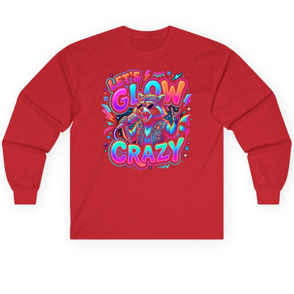 Let's Glow Crazy Funny Rockstar Raccoon Long Sleeve Tee - product mockup - Red