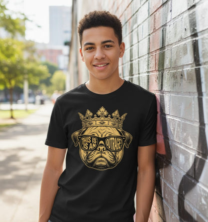 This Is An Outrage! Pug Youth T-Shirt Black lifestyle mockup