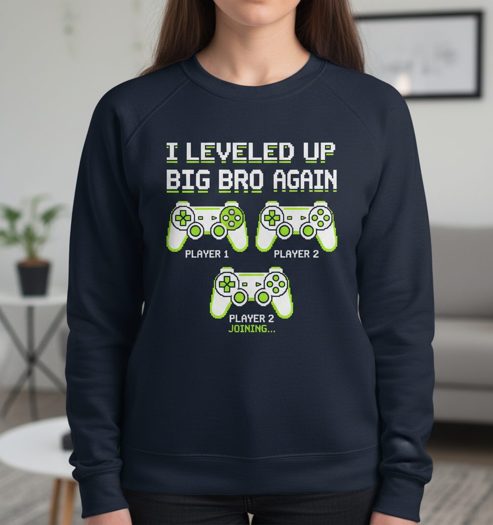 I Leveled UP BIG BRO AGAIN Retro Brother Announcement Sweatshirt - product mockup - Navy