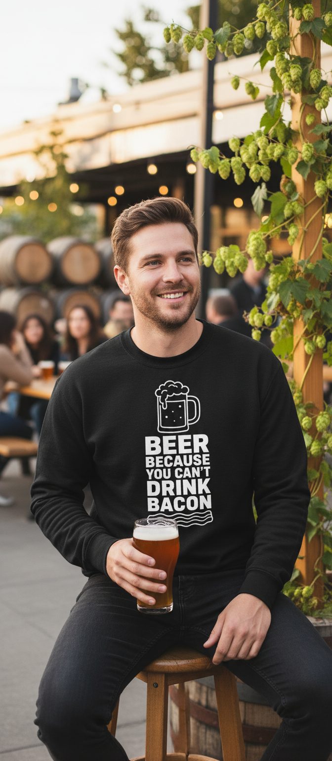 You Can't Drink Bacon Beer Funny Lovers Sweatshirt - lifestyle model mockup - Black