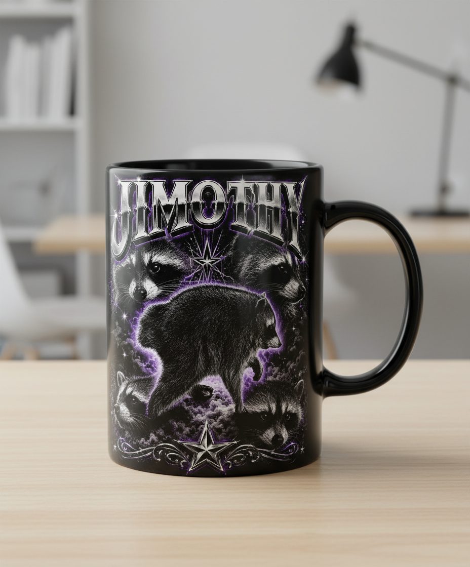 Jimothy Funny Raccoon Black Mug - product mockup - Black