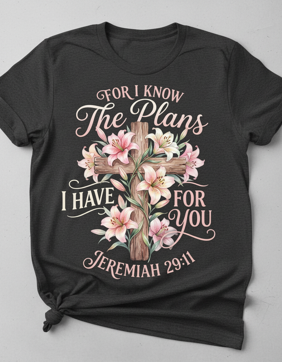 Jeremiah 29:11 For I Know The Plans I Have For You Cross and Lilies T-Shirt - Dark Heather