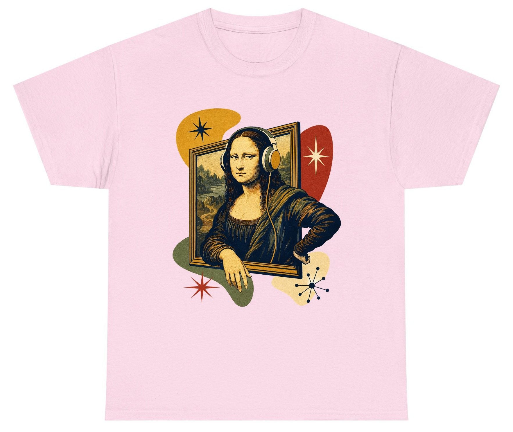 Retro Mona Lisa with Headphones Funny Art Lovers Youth T-Shirt - product mockup - Light Pink