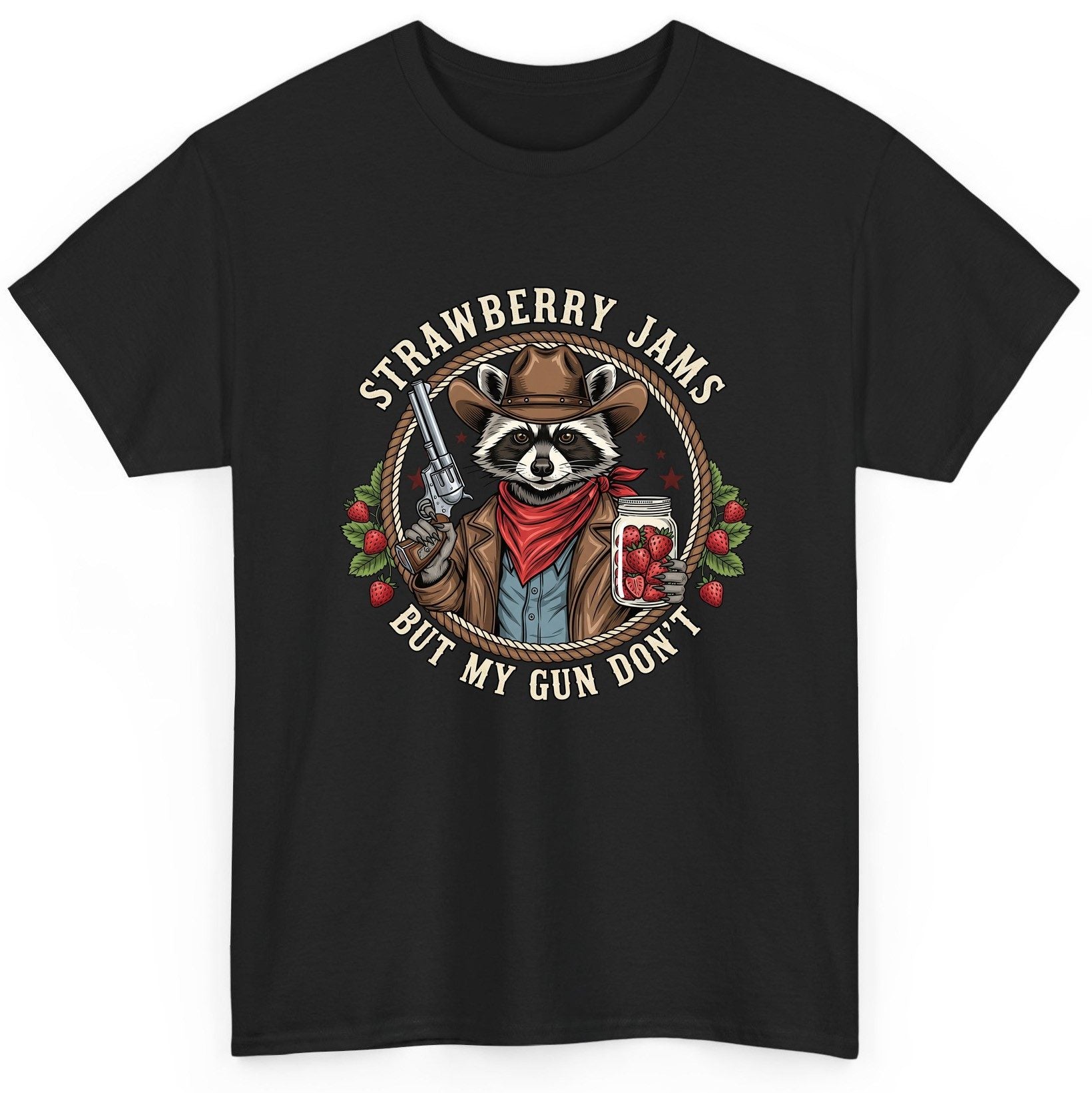 Strawberry Jams but My Gun Don't cowboy raccoon T-Shirt Black product mockup