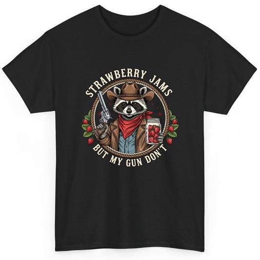Strawberry Jams but My Gun Don't cowboy raccoon T-Shirt Black product mockup