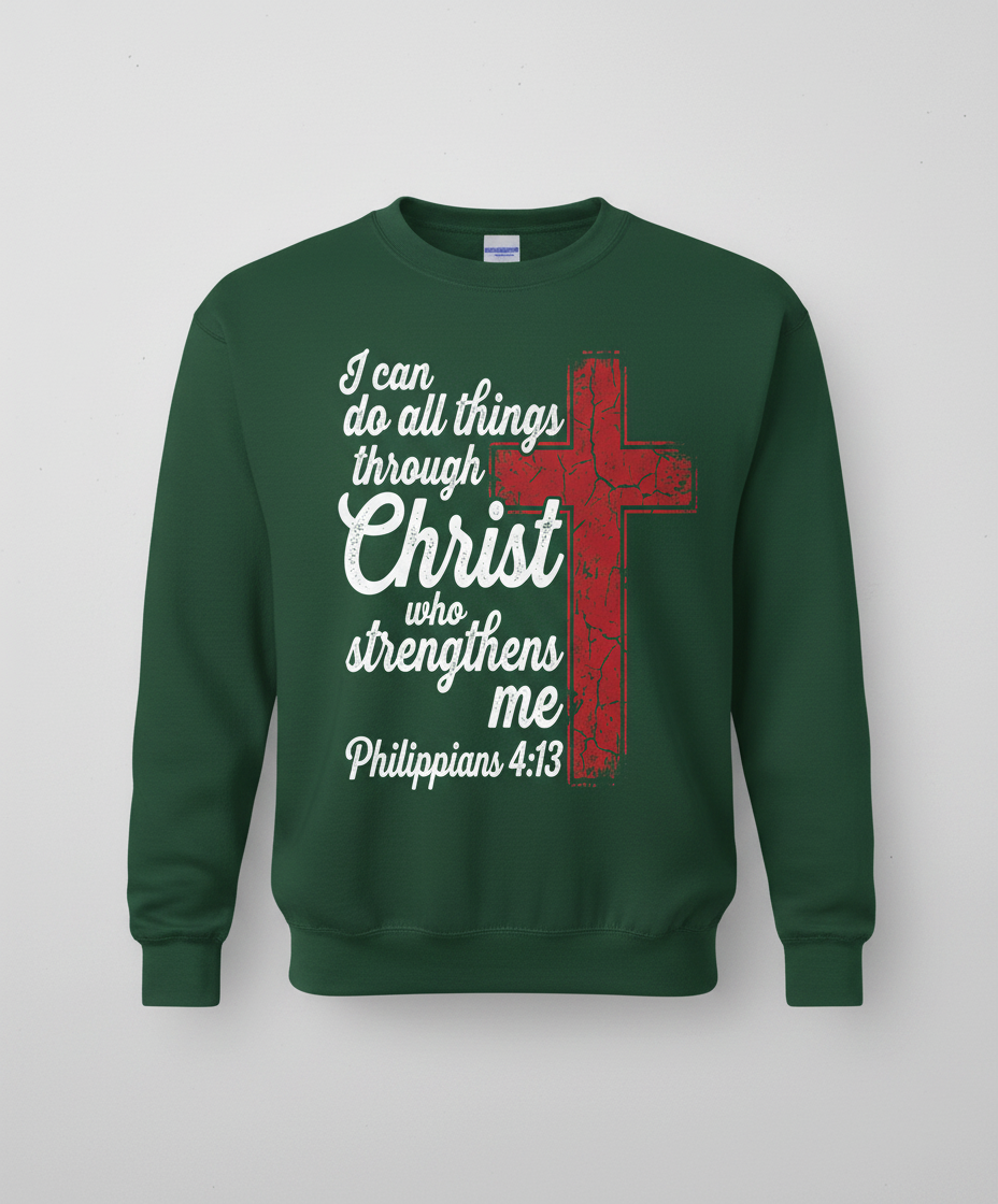 Philippians 4:13 I Can Do All Things Through Christ Christian Faith Sweatshirt - Forest Green