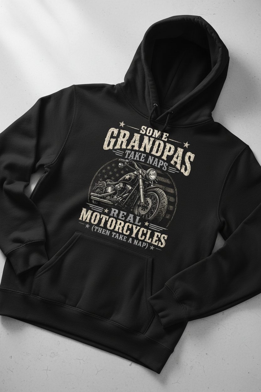 Some Grandpas Take Naps Real Grandpas Ride Motorcycles (then Take a Nap) Funny Detailed Illustration of Classic Motorcycle with Distressed Texture in the Background Is Subtle Weathered American Flag Pattern Stars and Stripes Hoodie - product mockup - Black