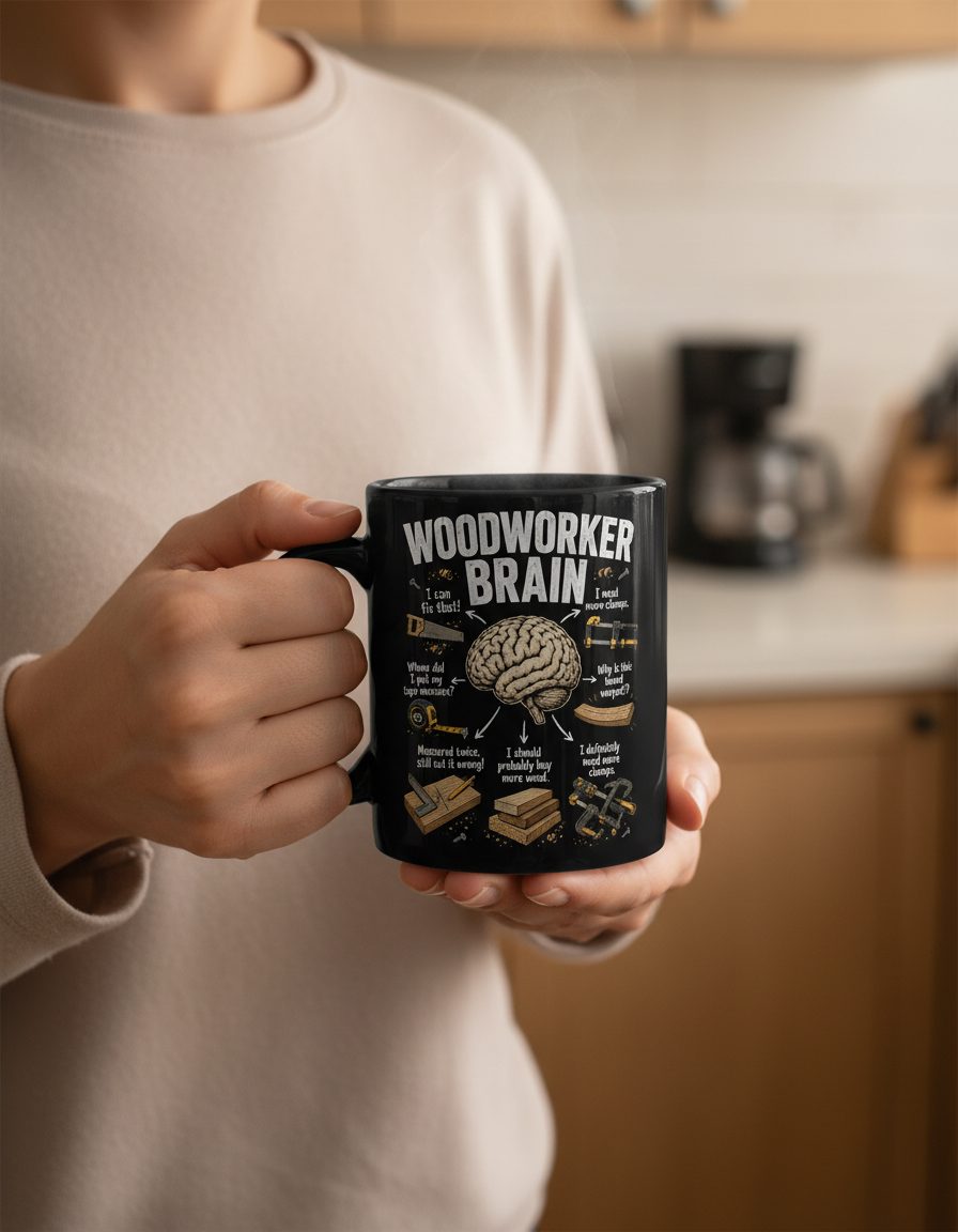 Woodworker Brain Funny Woodworking Black Mug - lifestyle model mockup - Black