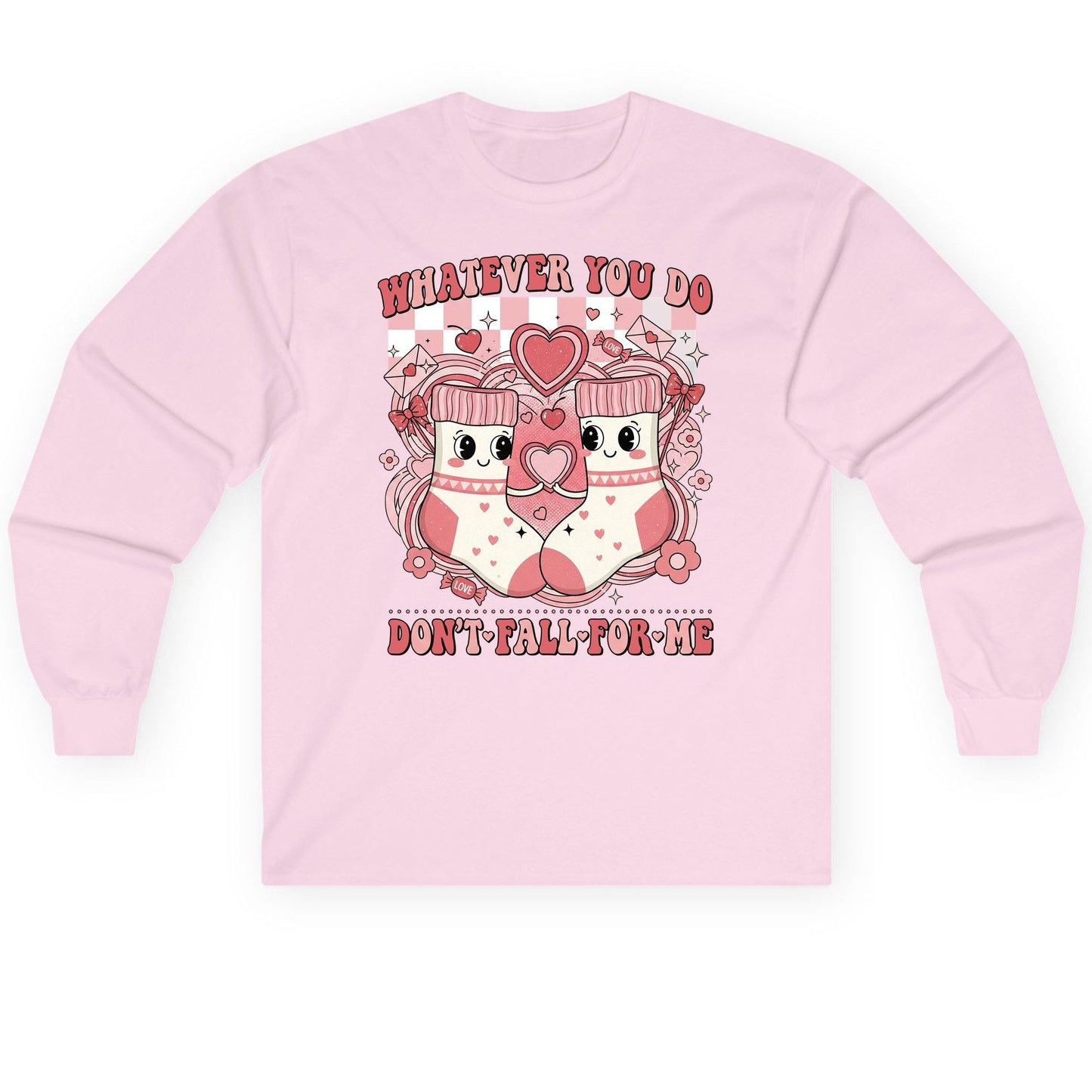 Whatever You Do Don't Fall for Me anti-Valentine's Day Long Sleeve Tee Light Pink product mockup