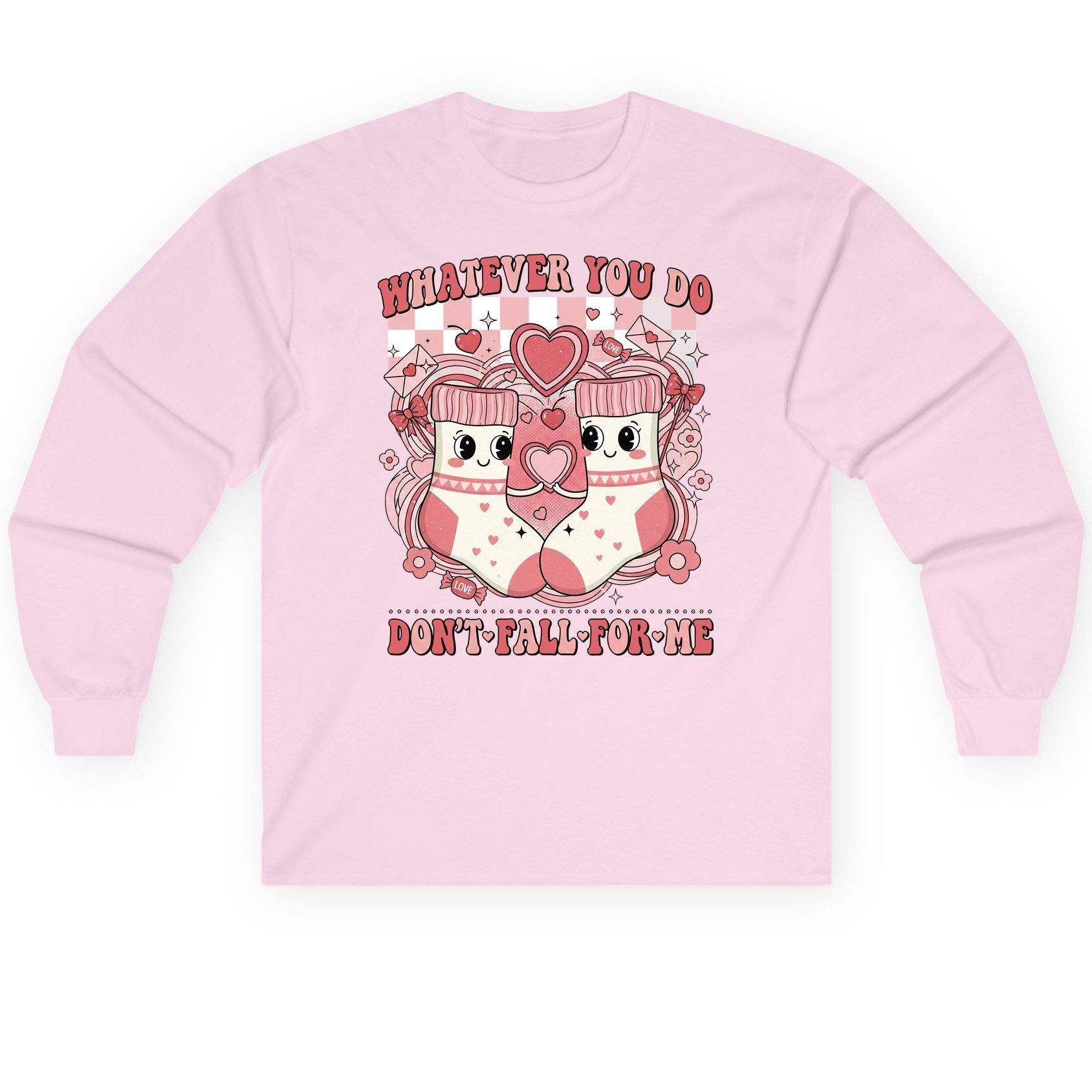 Whatever You Do Don't Fall for Me anti-Valentine's Day Long Sleeve Tee Light Pink product mockup