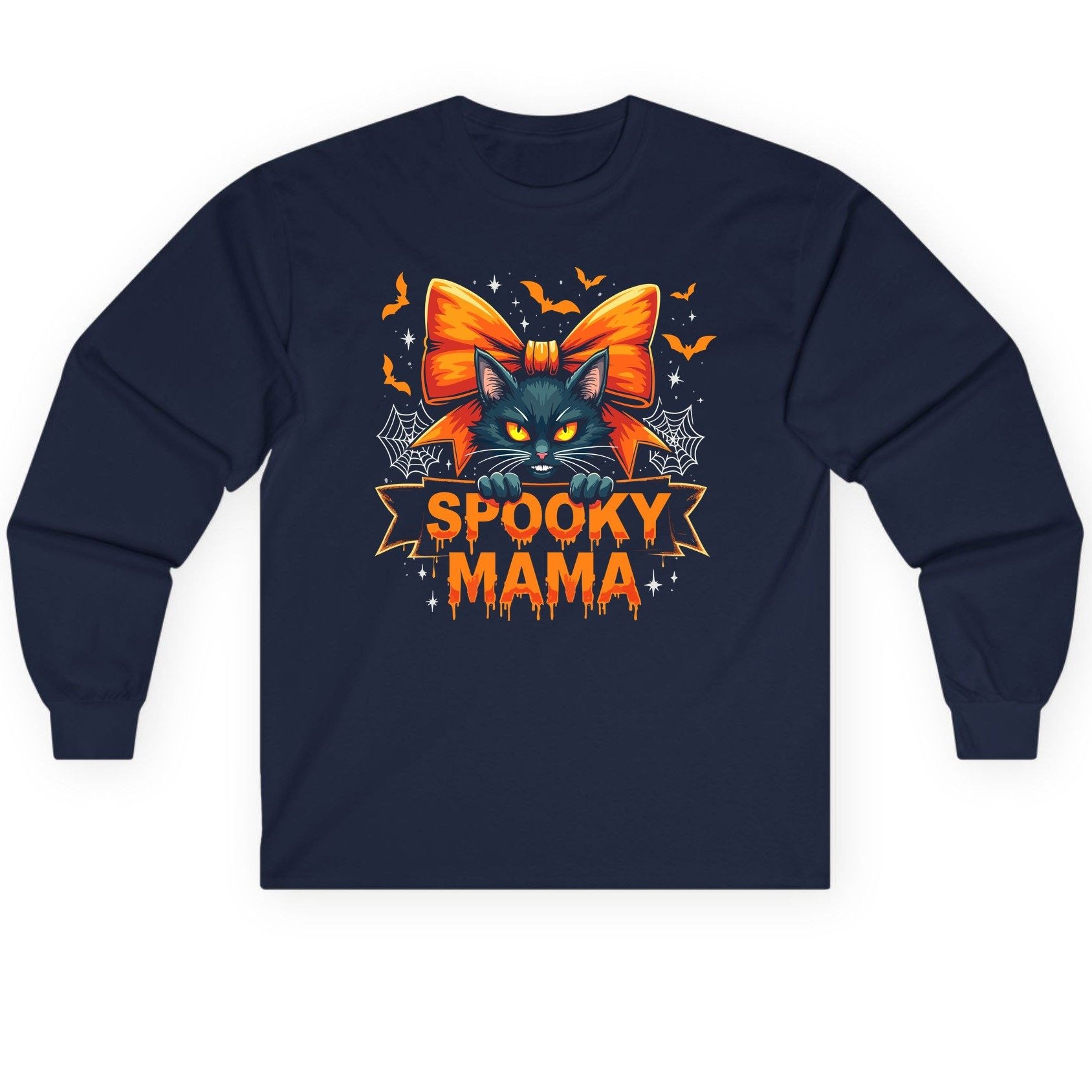 Spooky Mama black cat Long Sleeve Tee Navy product mockup