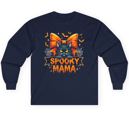 Spooky Mama black cat Long Sleeve Tee Navy product mockup