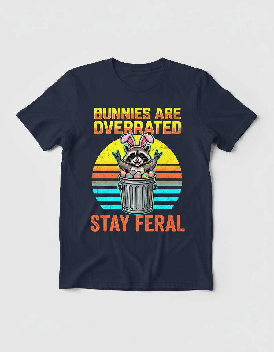 Bunnies Are Overrated Stay Feral Raccoon T-Shirt - Navy