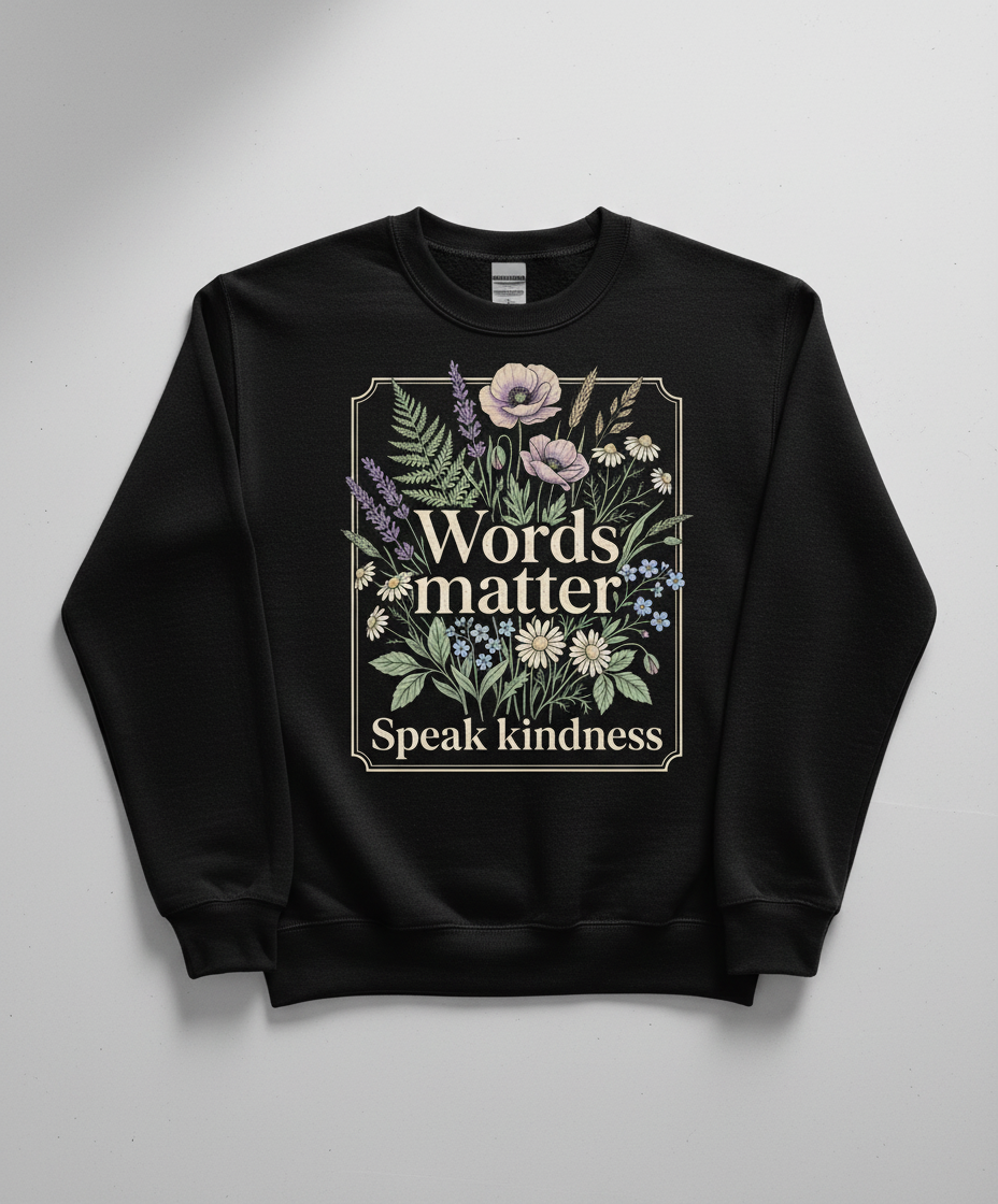 Words Matter Speak Kindness Botanical Floral Illustration Sweatshirt - Black
