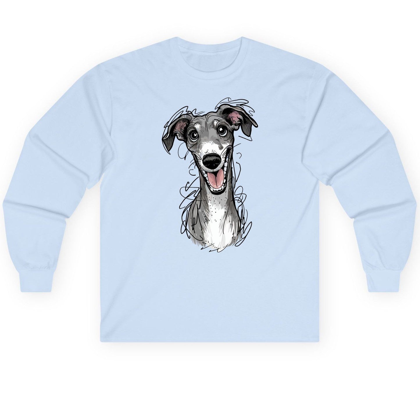 Smiling Greyhound Caricature greyhound Long Sleeve Tee Light Blue product mockup