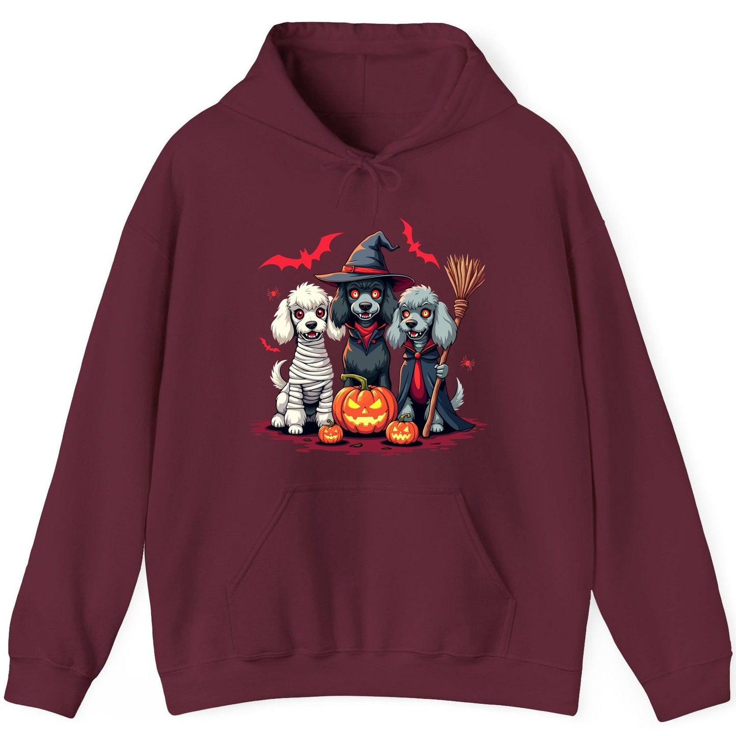 Spooky Poodle Trio Halloween dogs Hoodie Maroon product mockup