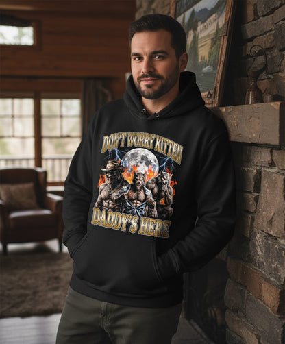 Don't Worry Kitten Daddy's Here werewolves Hoodie Black lifestyle mockup