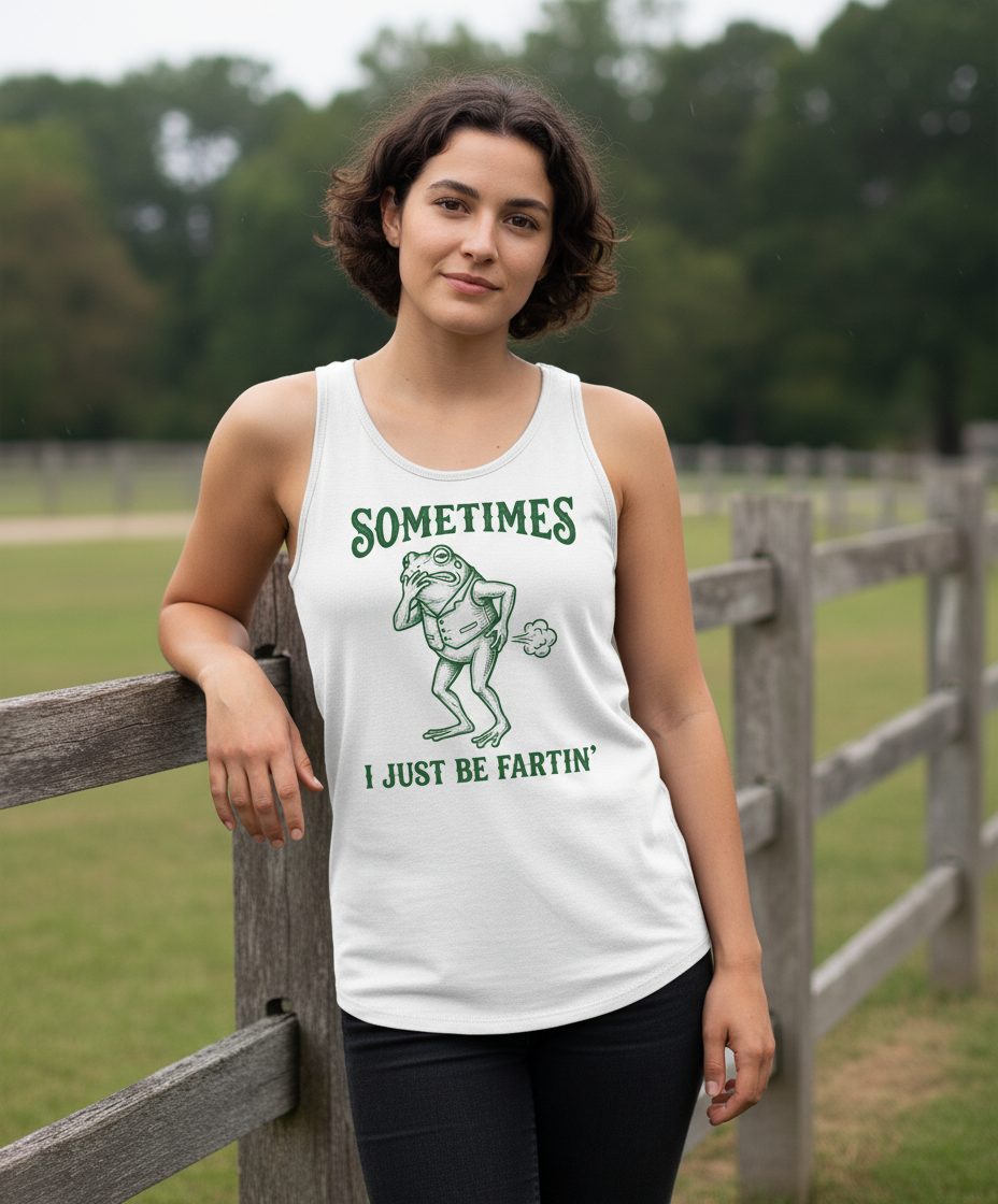 Sometimes I Just Be Fartin' farting frog Tank Top White lifestyle mockup