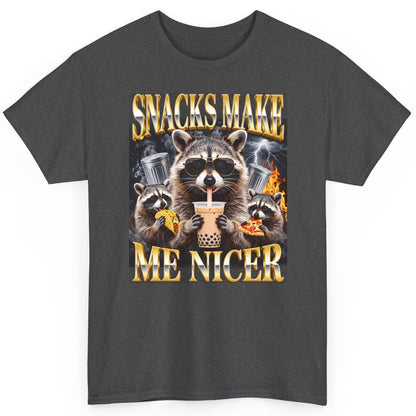 SNACKS MAKE ME NICER Funny Raccoon T-Shirt - product mockup - Dark Heather