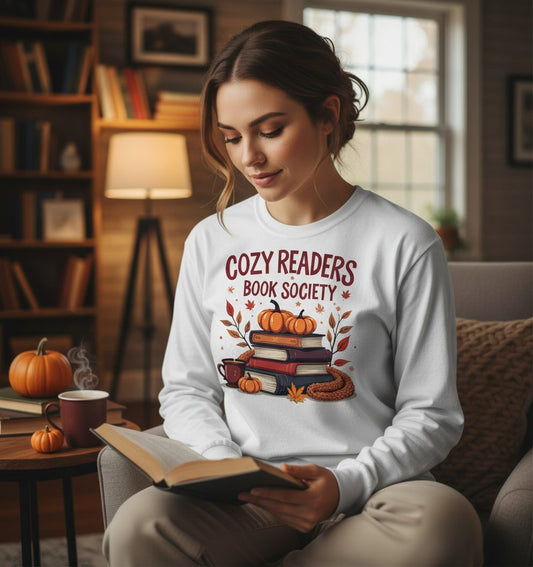 Cozy Readers Book Society reading Long Sleeve Tee White lifestyle mockup