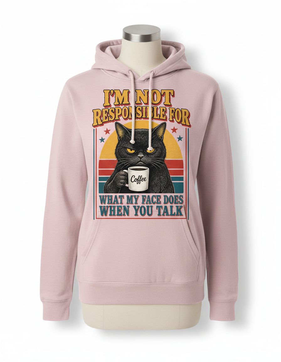 I'm Not Responsible for What My Face Does When You Talk Funny Sarcastic Cat Hoodie - product mockup - Light Pink