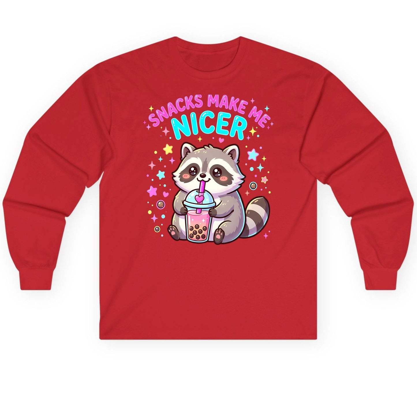 SNACKS MAKE ME NICER Funny Raccoon Long Sleeve Tee - product mockup - Red